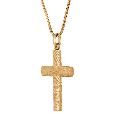 LYNX Men's Gold Tone Damascus Steel Cross Pendant Necklace