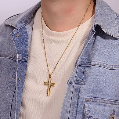 LYNX Men's Gold Tone Damascus Steel Cross Pendant Necklace