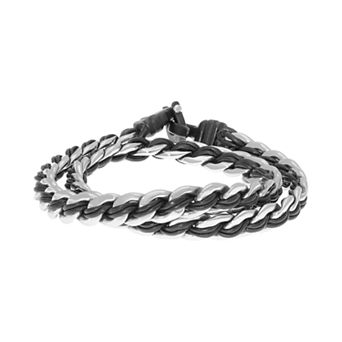 Men's LYNX Stainless Steel Leather Layered Bracelet