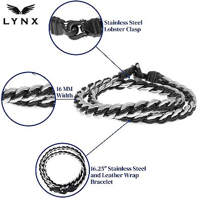 Men's LYNX Stainless Steel Leather Layered Bracelet
