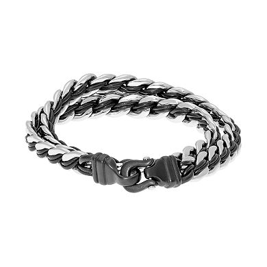Men's LYNX Stainless Steel Leather Layered Bracelet
