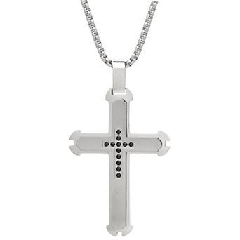 Men's LYNX Stainless Steel Black Cubic Zirconia Cross Pendant Necklace