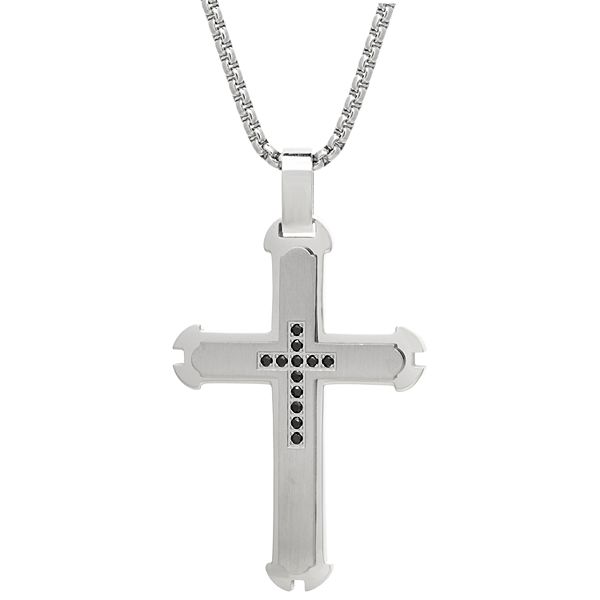 Men's LYNX Stainless Steel Black Cubic Zirconia Cross Pendant Necklace