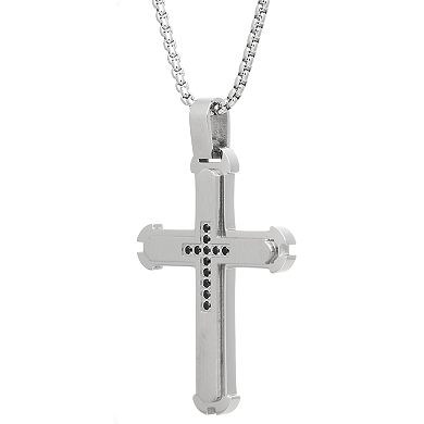 Men's LYNX Stainless Steel Black Cubic Zirconia Cross Pendant Necklace