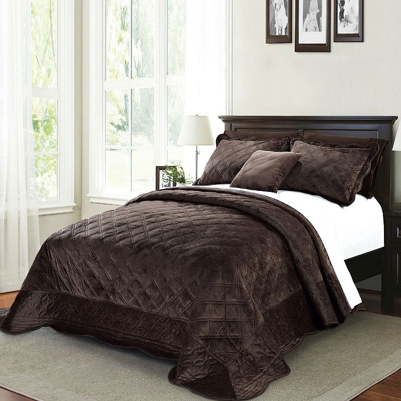 Serenta Supersoft Microplush 4-Piece Bedspread and Sham Set, Brown, Queen