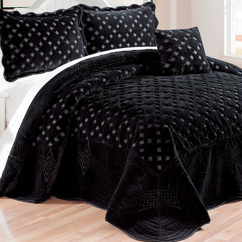 Tatami Quilted Faux Fur 4-Piece Bedspread Set, Black, King