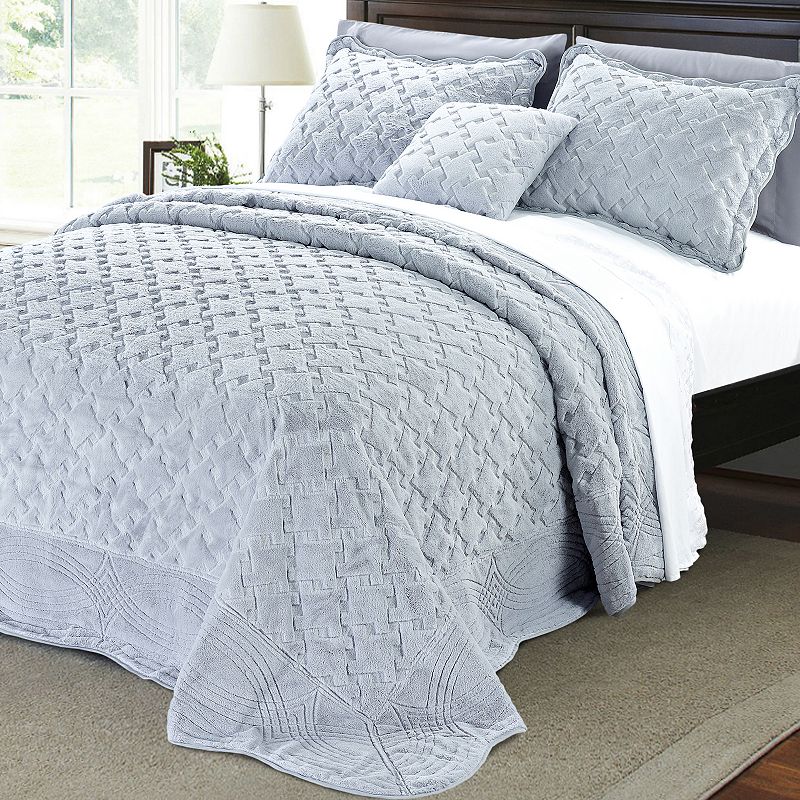 Tatami Quilted Faux Fur 4-Piece Bedspread Set, Grey, King