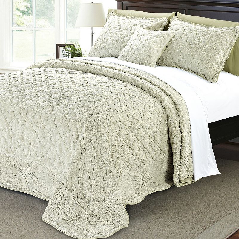 Tatami Quilted Faux Fur 4-Piece Bedspread Set, Green, King