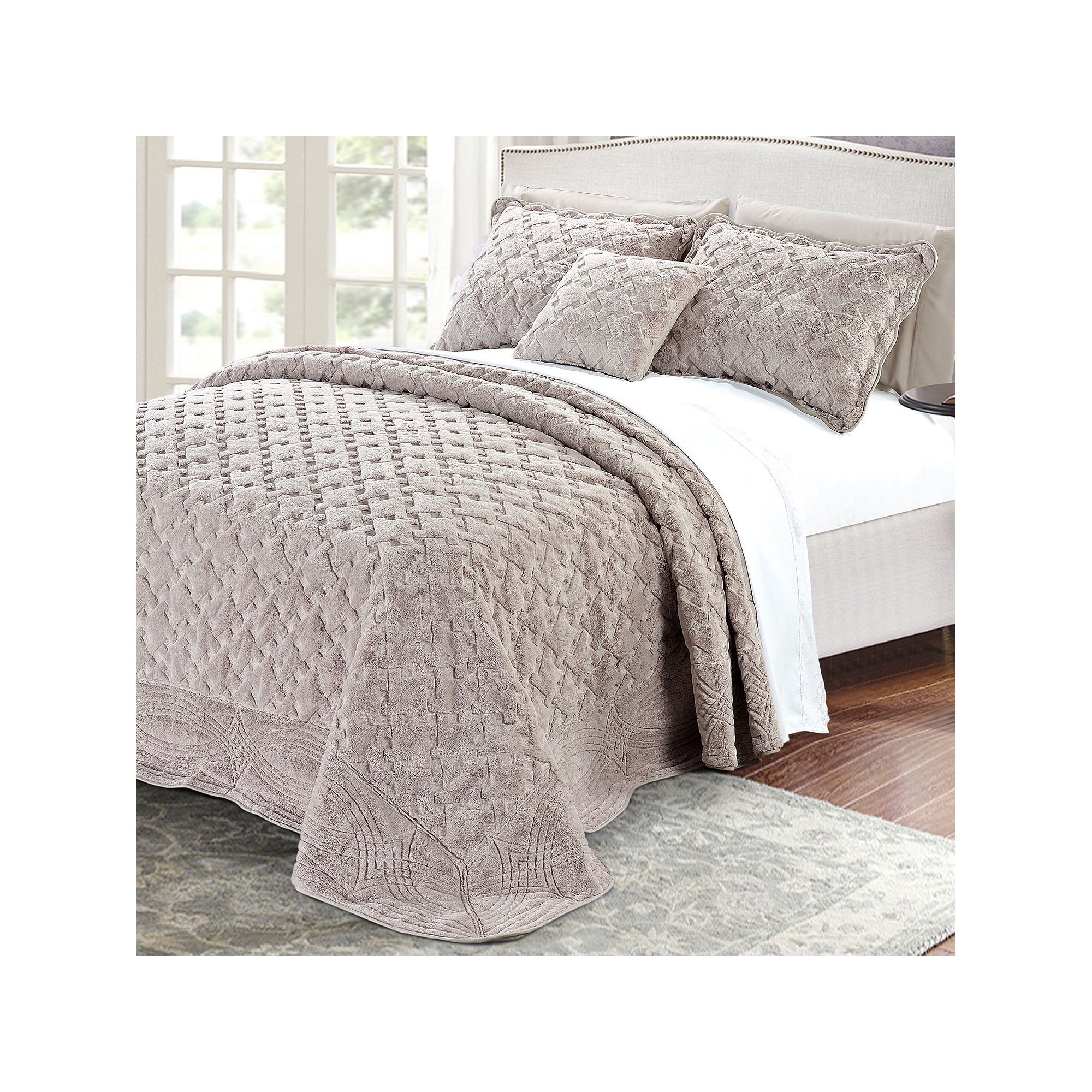 Tatami Quilted Faux Fur 4-Piece Bedspread Set, Brown