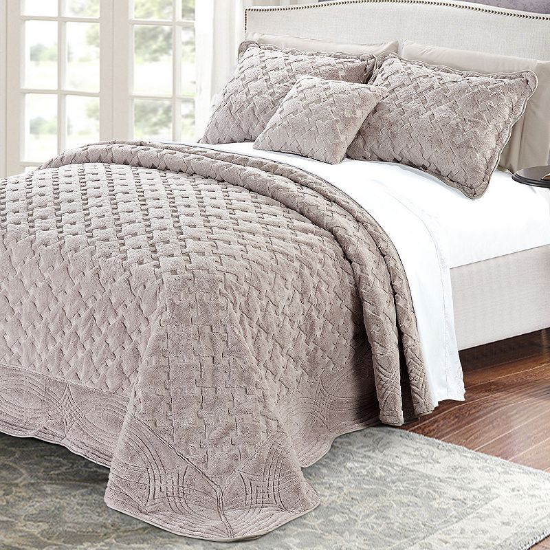 62661559 Tatami Quilted Faux Fur 4-Piece Bedspread Set, Bei sku 62661559