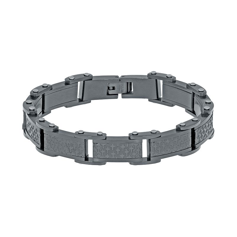 Mens LYNX Stainless Steel Embossed Link Bracelet, Size: 8.5, Black