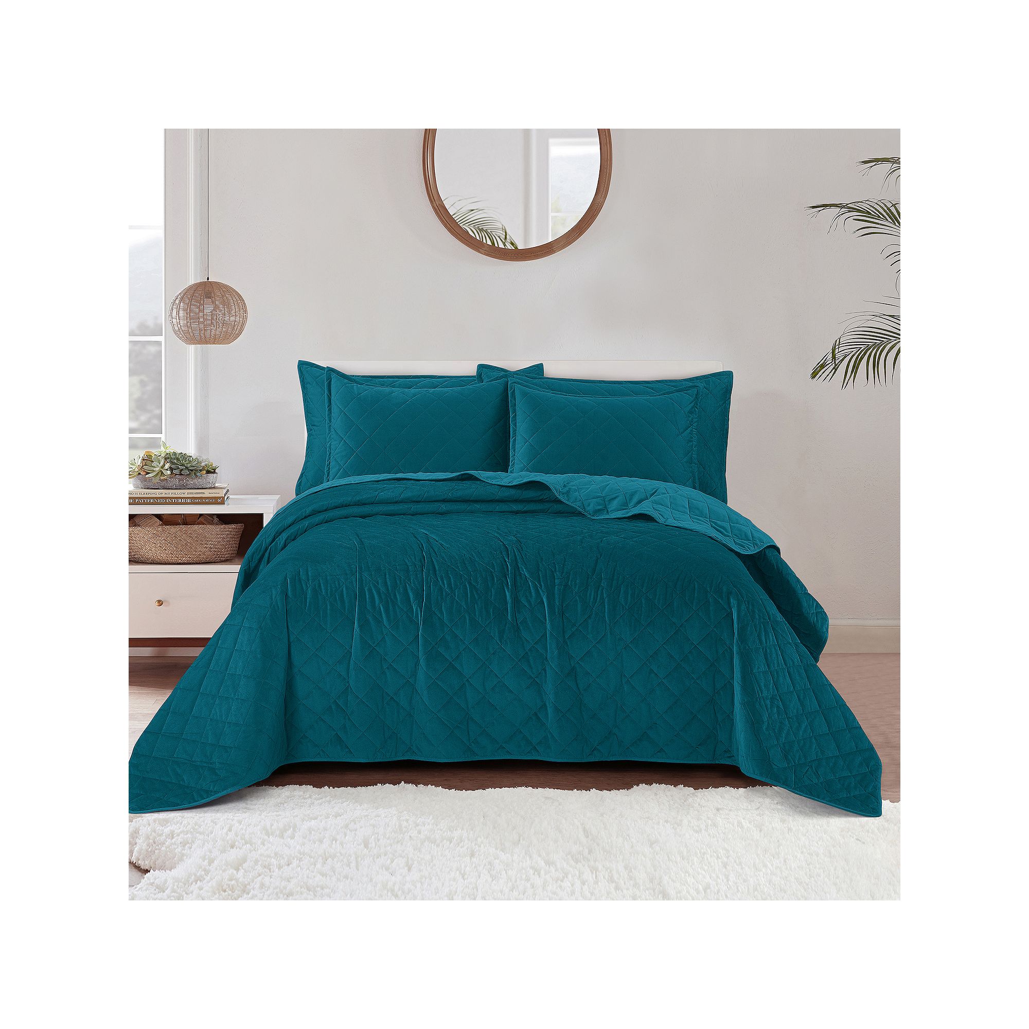 Serenta Velvet Carafe Quilted Bedspread Set, Blue