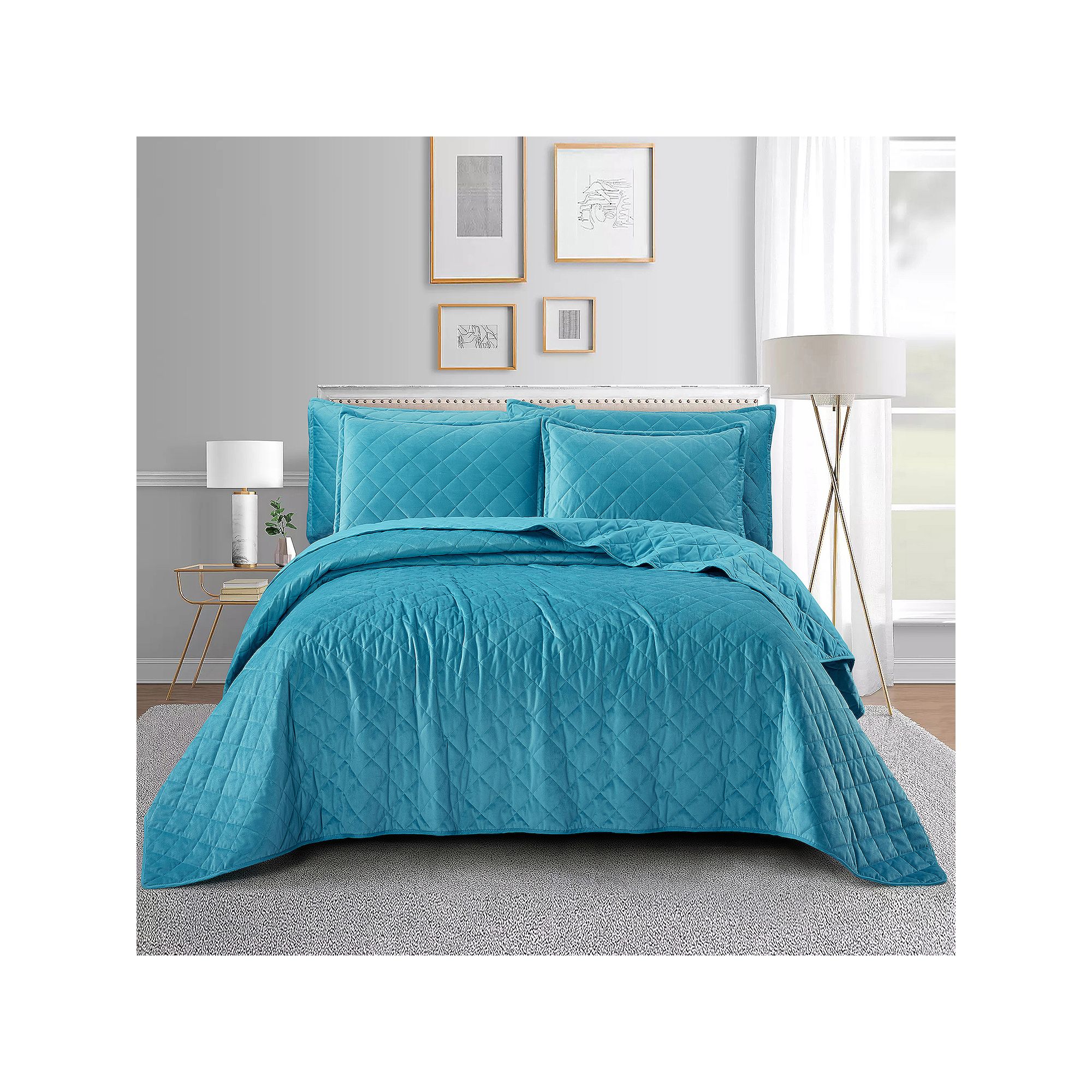 Serenta Velvet Carafe Quilted Bedspread Set, Blue Blue