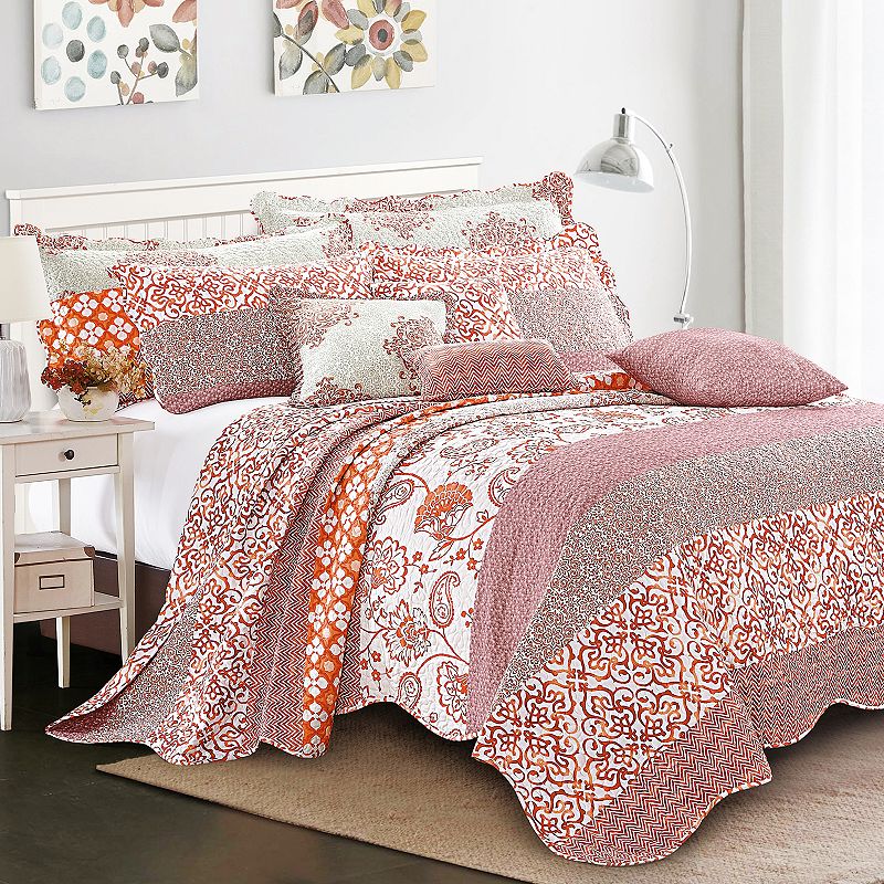 Home Soft Things 9 Piece Striped Bedspread Set - Coral Chevron - Oversize (122  x 106 )