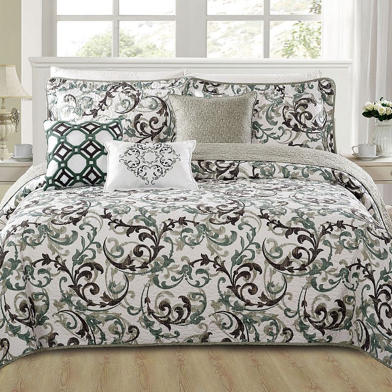 Serenta Ravello Scroll 6-Piece Coverlet and Sham Set, Green, Queen