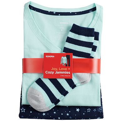 Women's Sonoma Goods For Life Knit & Flannel 3 Piece Pajama Set With Socks