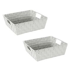 Simplify 2 Pack Slide 2 Stack It Plastic Shallow Storage Baskets, White 