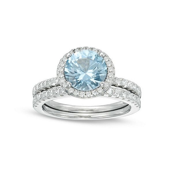 Gemminded Lab-Created Aquamarine Silver Tone 2-Piece Wedding Band Set