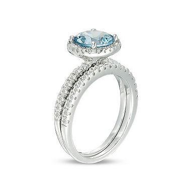 Gemminded Lab-Created Aquamarine Silver Tone 2-Piece Wedding Band Set