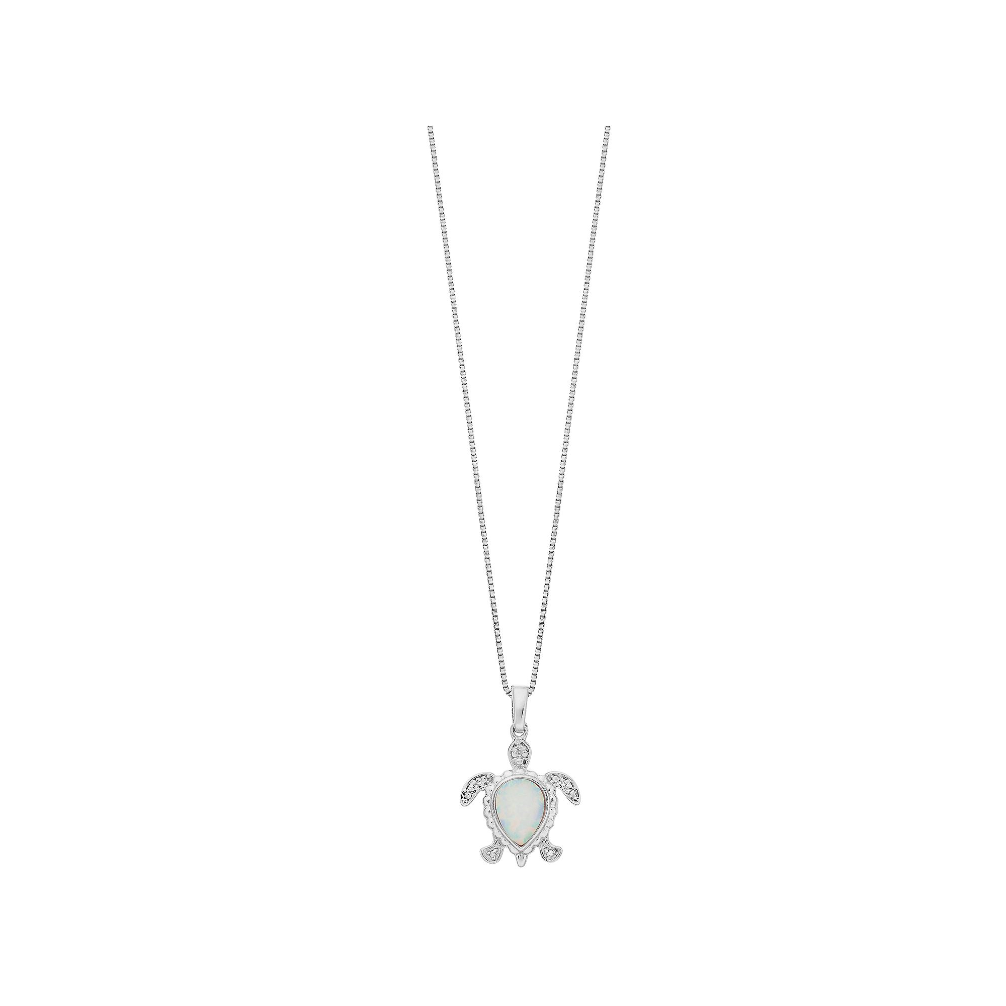 Gemminded Silver Tone Lab-Created Opal & Diamond Accent Turtle Pendant Nec