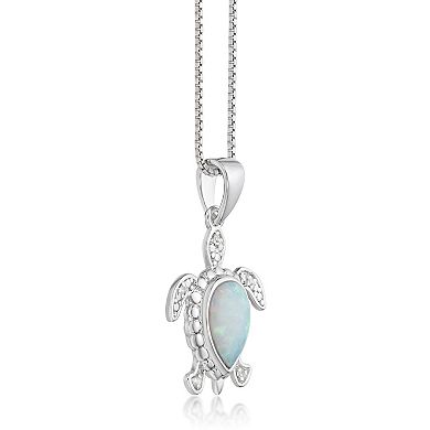 Gemminded Silver Tone Lab-Created Opal & Diamond Accent Turtle Pendant Necklace