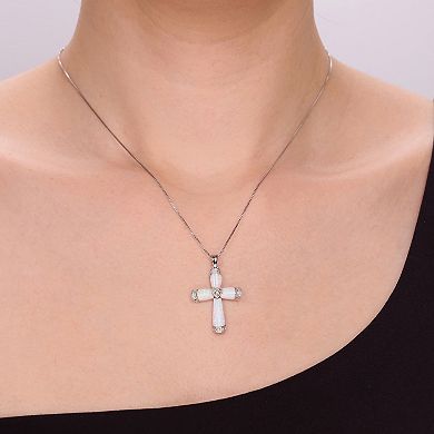 Gemminded Silver Tone Lab-Created Opal & Diamond Accent Cross Necklace