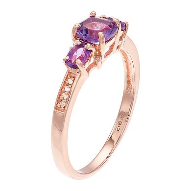Gemminded 18k Rose Gold Over Silver 3-Stone Amethyst & Diamond Accent Ring