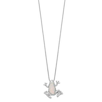 Gemminded Silver Tone Lab-Created Opal Frog Pendant Necklace
