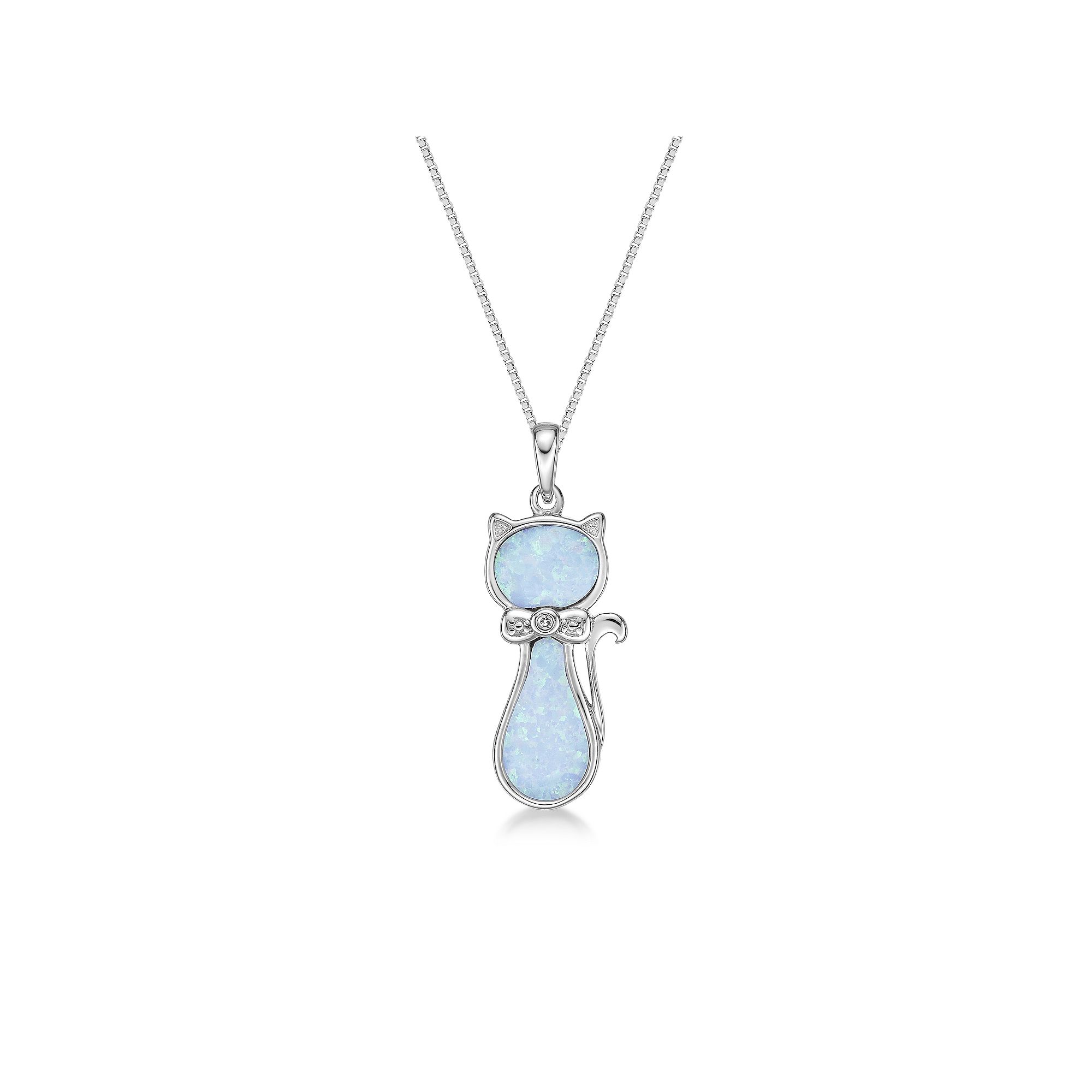 Gemminded Sterling Silver Lab-Created Opal & Diamond Accents Cat Pendant N