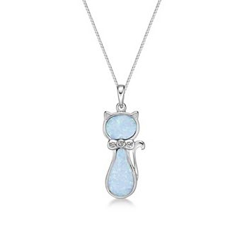 Gemminded Sterling Silver Lab-Created Opal & Diamond Accents Cat Pendant Necklace