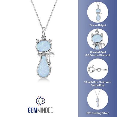 Gemminded Sterling Silver Lab-Created Opal & Diamond Accents Cat Pendant Necklace