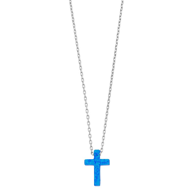 Gemminded Sterling Silver Lab-Created Blue Opal Cross Pendant Necklace, Wo