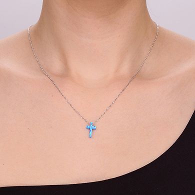 Gemminded Sterling Silver Lab-Created Blue Opal Cross Pendant Necklace