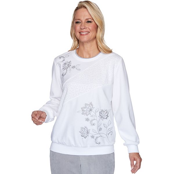 Women's Alfred Dunner Floral Embroidery Fleece Sweatshirt