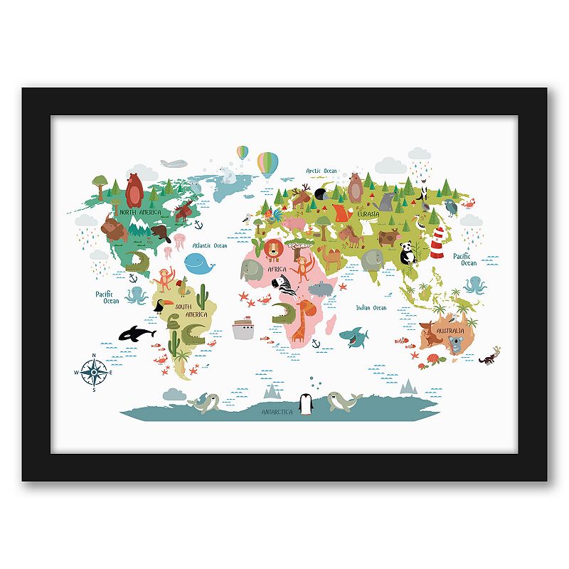 Americanflat Animals World Map Framed Wall Art, Multicolor, 25X19