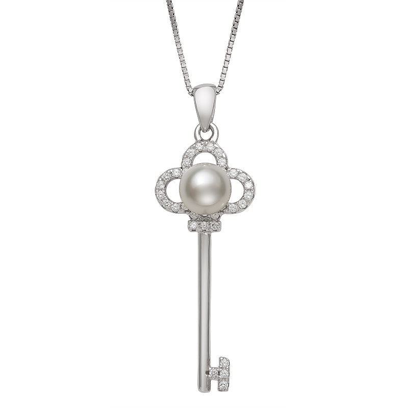 Sterling Silver Freshwater Cultured Pearl & Cubic Zirconia Key Pendant, Wo