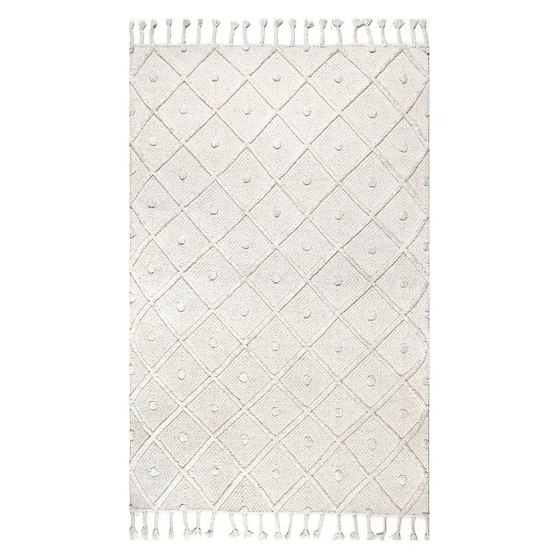 nuLOOM Trellis Tassel Jinny Wool Blend Rug, White, 10X13 Ft