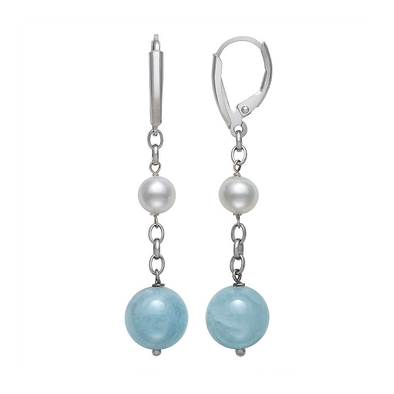 Sterling Silver Freshwater Pearl and Milky Aqua Earrings, Womens, Blue
