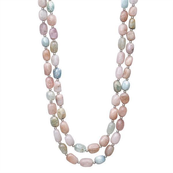 Sterling Silver Multicolor Morganite Beaded Double Strand Necklace