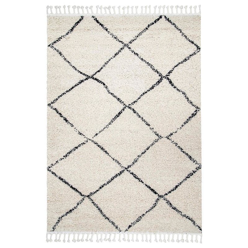 nuLOOM Jessie Moroccan Lattice Tassel Rug, White, 9X12 Ft
