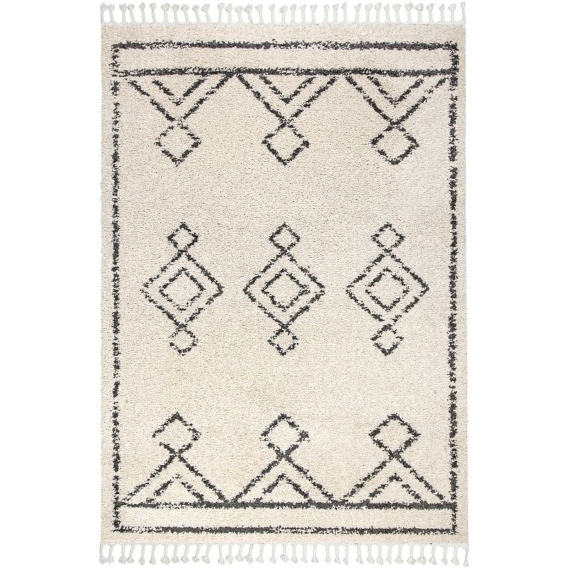 nuLOOM Mackie Moroccan Diamond Tassel Rug, White, 5.5X7.5 Ft