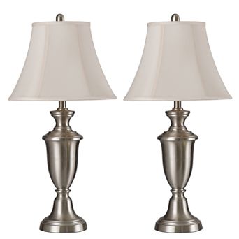 Table Lamp Brushed Steel Finish White Softback Silk Fabric Shade Set of 2