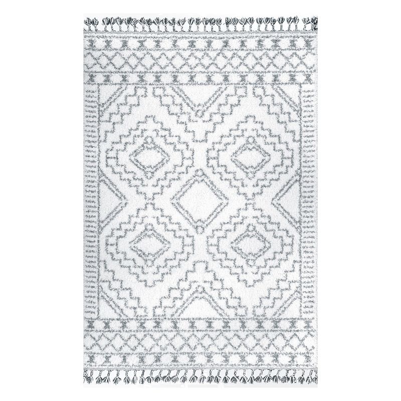 nuLOOM Vasiliki Moroccan Tribal Tassel Rug, White, 8X10 Ft