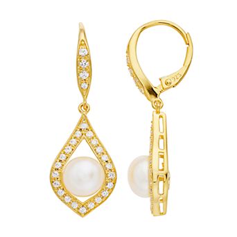 14k Gold Over Silver Freshwater Cultured Pearl & Lab-Created White Sapphire Teardrop Earrings