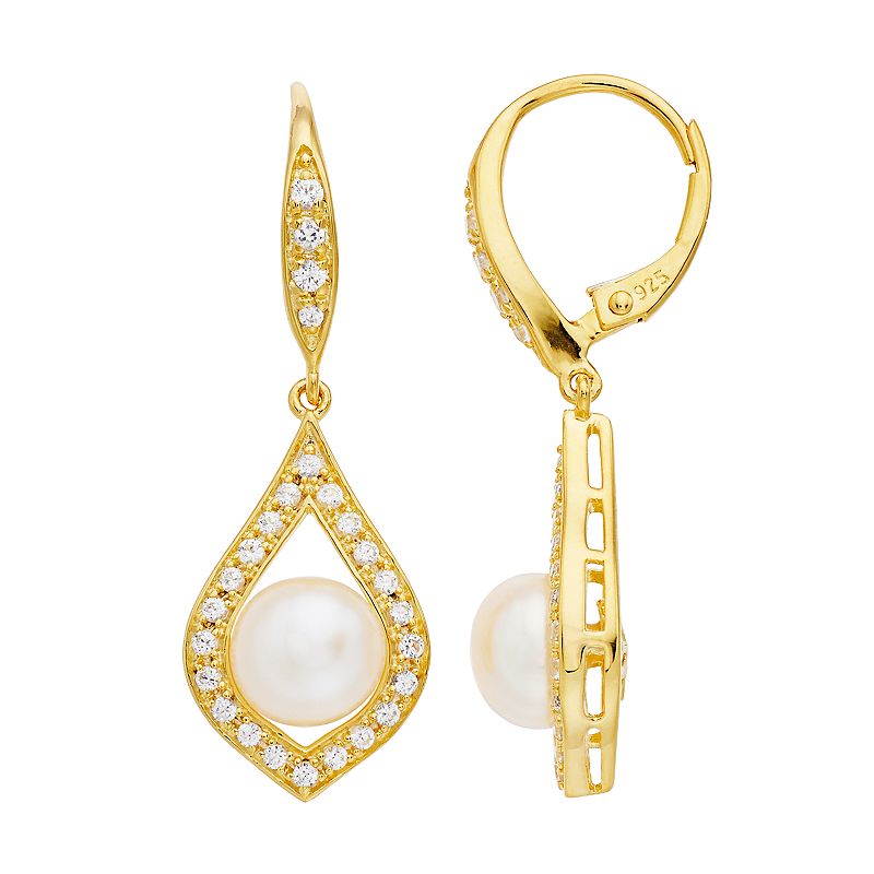 14k Gold Over Silver Freshwater Cultured Pearl & Lab-Created White Sapphire Teardrop Earrings, Women's, Gold Tone