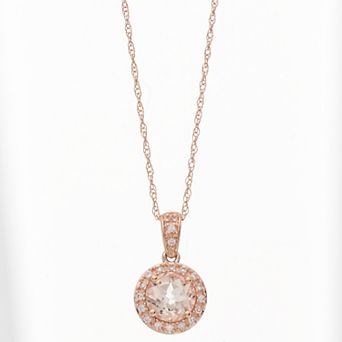 10k Rose Gold Genuine Morganite & Lab-Created White Sapphire Halo Pendant