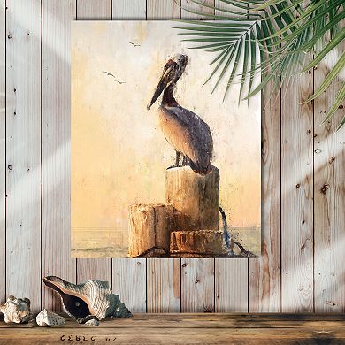 Coastal Pelican Wall Art - Wood Block Mount LG