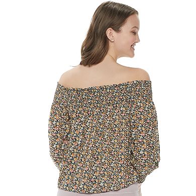 Juniors' Rewind Smocked Yoke and Cuff Off the Shoulder Top