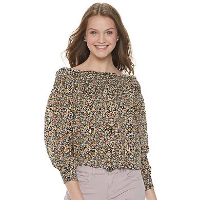 Juniors' Rewind Smocked Yoke and Cuff Off the Shoulder Top