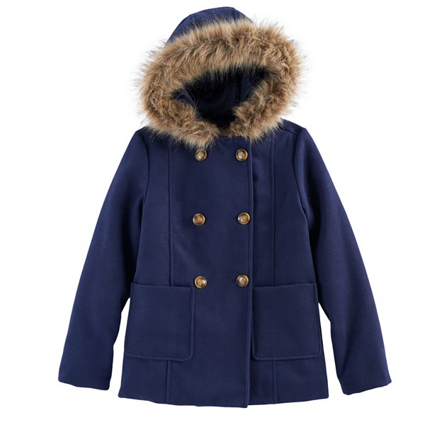 Girls 4-16 SO® Double-Breasted Faux Fur Hood Faux Wool Jacket